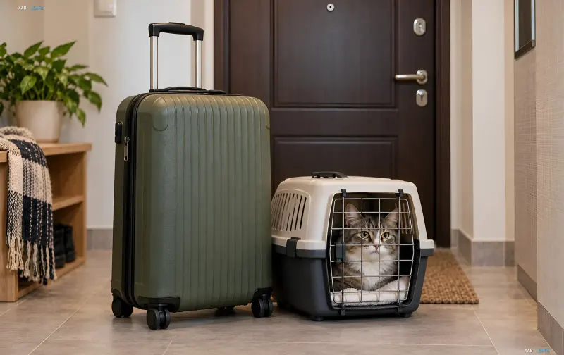 Grüner Trolley und Haustiertierbox mit einer flauschigen Katze im Flur vor einer Reise