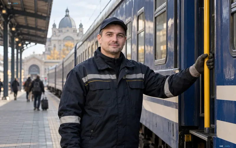 Railway worker in a uniform jacket and cap standing on a station platform near a blue passenger train