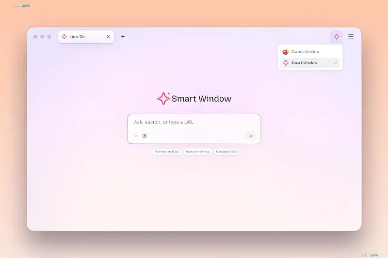 Інтерфейс браузера Firefox Smart Window з відкритою вкладкою та рядком введення ШІ-запитів