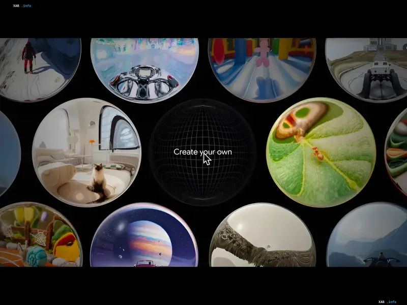 Genie 4 interface showing spherical previews of virtual worlds and a Create your own button