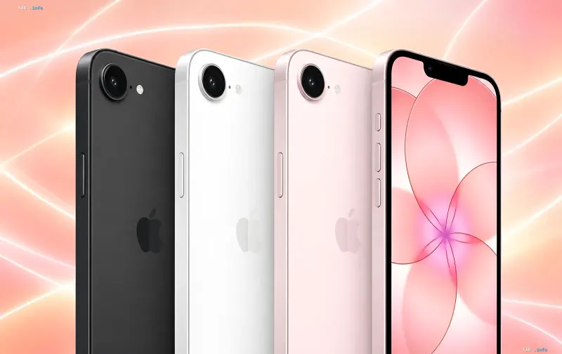 Чотири смартфони Apple iPhone різних кольорів з одинарними камерами на рожевому тлі