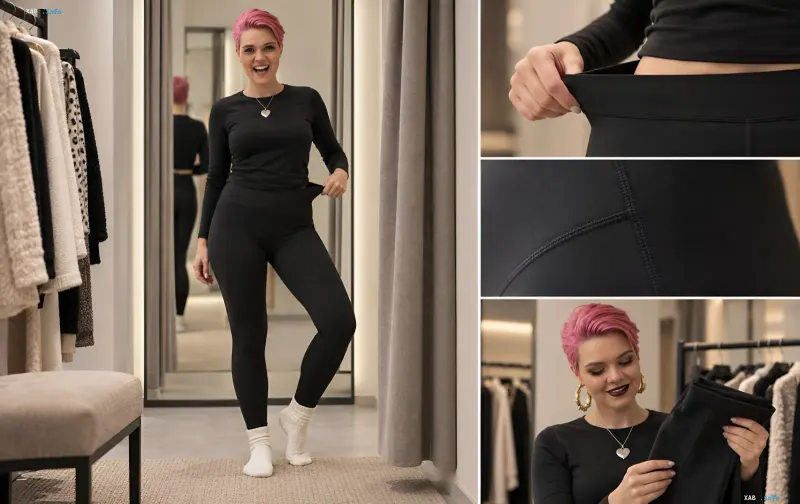 Frau mit pinken Haaren probiert schwarze Thermounterwäsche in einem Bekleidungsgeschäft an