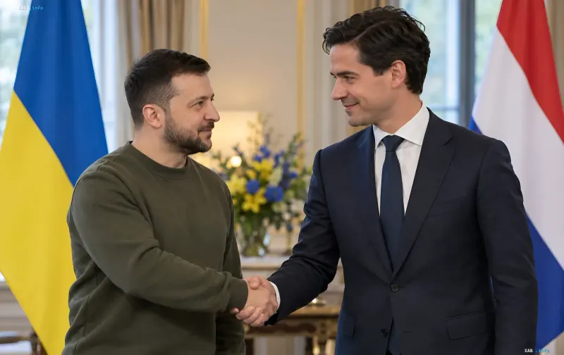 Владимир Зеленский пожимает руку премьер-министру Нидерландов Робу Йеттену на фоне украинского и нидерландского флагов