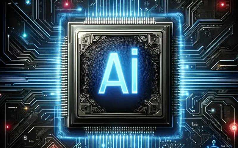 Мікропроцесор із написами AI та світними синіми неоновими доріжками на технологічній платі