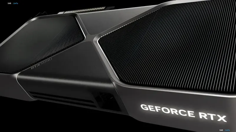 Видеокарта Nvidia GeForce RTX 50 в черном металлическом корпусе с фирменными кулерами