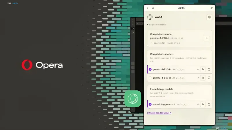 Opera browser interface with the WebAI panel for managing local Gemma and Embeddinggemma AI models