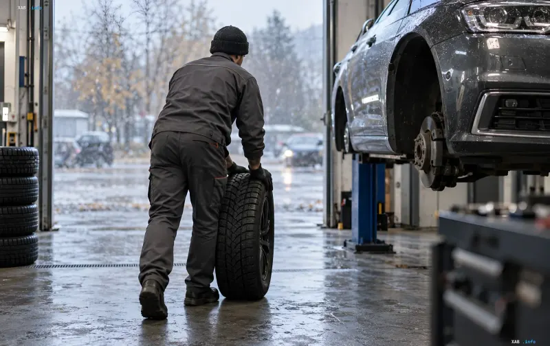 Автомеханик катит зимнюю шину по полу автосервиса на фоне поднятого на подъемник автомобиля в холодную погоду