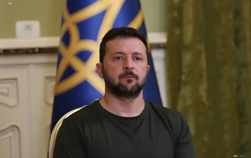 Президент Украины Владимир Зеленский выступает на фоне официального флага в помещении