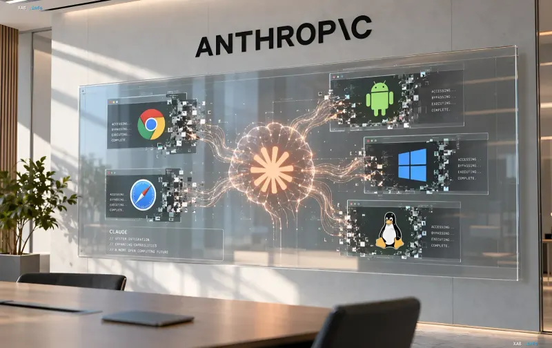 Anthropic-Bürointerieur mit einer Wandanzeige, die ein KI-Modell, Browser und Betriebssysteme zeigt