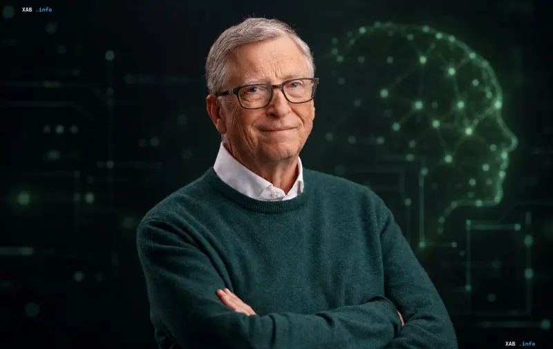 Основатель Microsoft Билл Гейтс на фоне цифровой сетки искусственного интеллекта в зеленом свитере