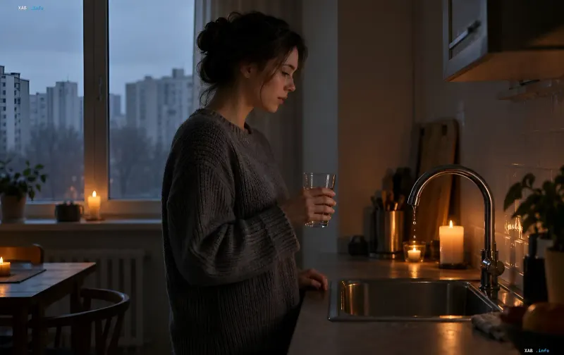 Eine Frau mit einem Glas Wasser steht während eines Blackouts in einer dunklen Küche bei Kerzenschein