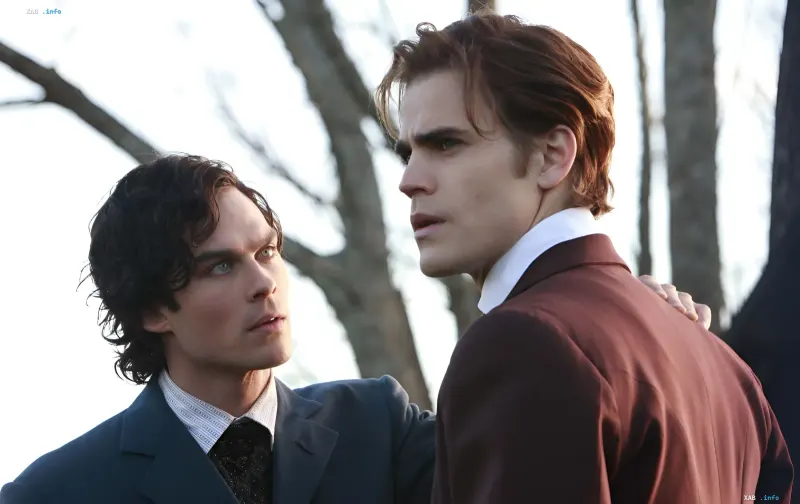 Zwei Vampirbrüder Damon und Stefan Salvatore in Anzügen im Freien