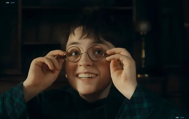 Junges Talent in runder Brille und Karorhemd lächelt freudig als Harry Potter