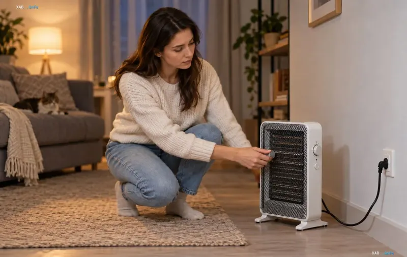 A woman adjusts a compact white electric space heater in a living room next to a sofa and a cat