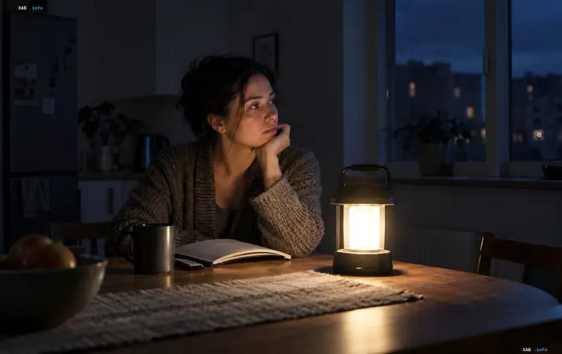 Eine Frau sitzt bei Lampenlicht in einer dunklen Wohnung wegen eines Stromausfalls