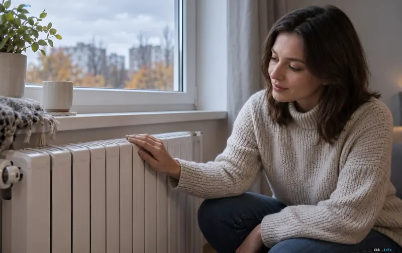 Eine Frau sitzt am Fenster und berührt mit der Hand einen warmen Heizkörper in einer Wohnung