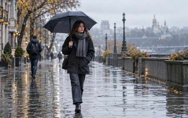 Woman with a black umbrella walking along a wet embankment in Kyiv during rain