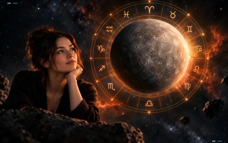 A woman looks at the zodiac wheel and the planet Mercury in outer space