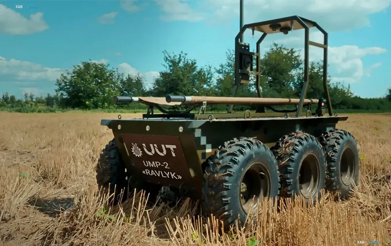 Ground robotic system UMP-2 Ravlyk in a field during field tests