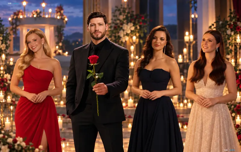 The main character of The Bachelor show holding a rose surrounded by three contestants in evening dresses