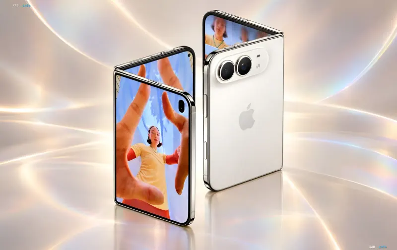 Складной смартфон iPhone Duo в разложенном и сложенном виде на блестящем фоне