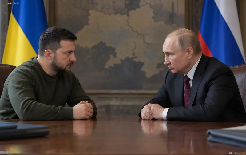Volodymyr Zelenskyy and Vladimir Putin sitting across from each other at a negotiating table during an official meeting