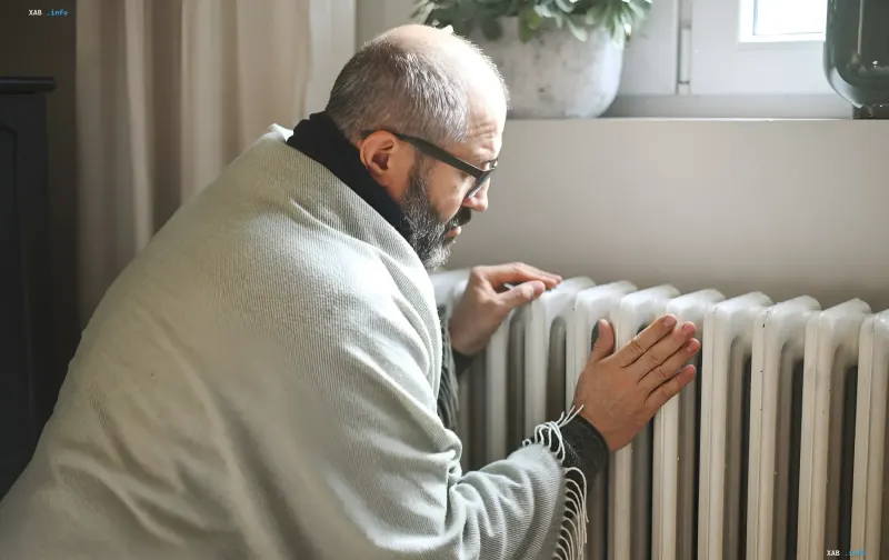 Ein Mann mit Brille und Decke ueberprueft die Waerme eines Heizkoerpers zu Hause