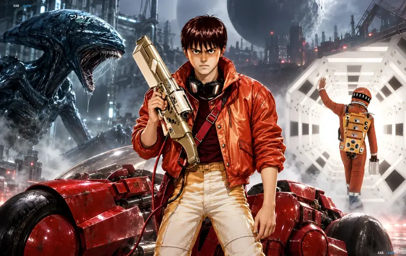 Anime character in a red jacket holding a weapon against the background of a spaceship, cyborg, and futuristic city.
