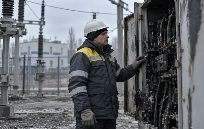 Power engineer in a hard hat inspecting a damaged electrical panel at a substation in Konotop