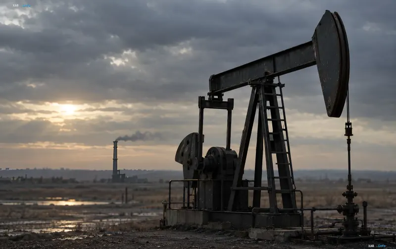 Нефтяная качалка на фоне промышленного завода и заката в пасмурный день