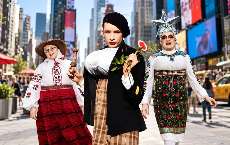 Artist Andriy Danylko as Verka Serduchka with her mother and dancer in traditional embroidered shirts on a New York street