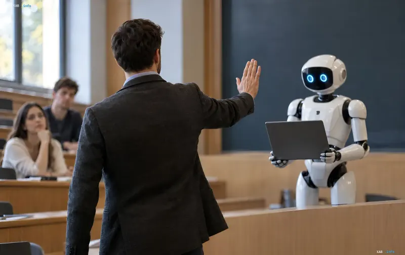 Man in a suit gesturing towards a robot holding a laptop in a lecture hall