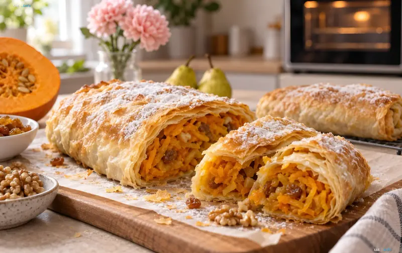 Frisch gebackener Kürbisstrudel mit Puderzucker und Walnüssen auf einem Schneidebrett