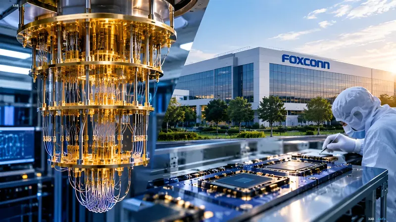 Quantum computer manufacturing at a high-tech Foxconn facility alongside a cryogenic system