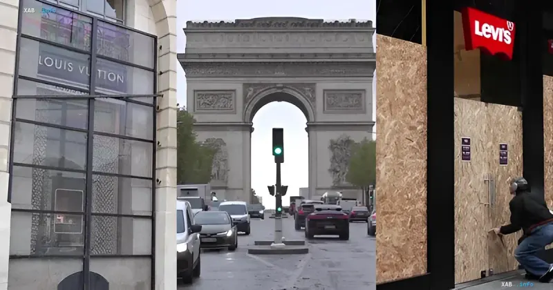 Schaufenster in Paris infolge von Protesten mit Sperrholz verbarrikadiert neben dem Triumphbogen