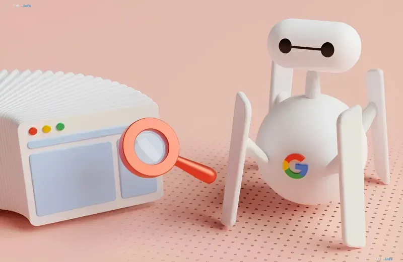 Cute white robot with the Google logo analyzing search results using a magnifying glass.