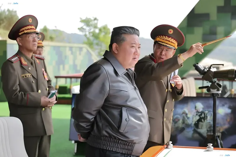 North Korean leader Kim Jong Un in a black leather jacket inspects a military exhibition surrounded by generals.