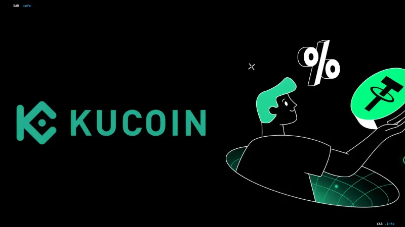 KuCoin exchange logo and a graphic character holding percentages and USDT in hand