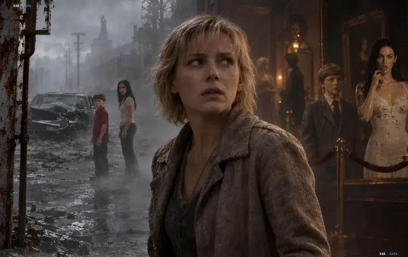Terrified woman in a coat standing against a post-apocalyptic foggy town reminiscent of Silent Hill