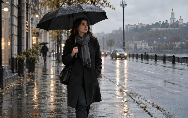 Woman with a black umbrella walking down a wet autumn city street in the rain