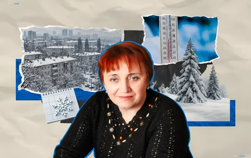 Collage featuring a meteorologist's portrait, winter cityscape, thermometer, and snowy fir trees