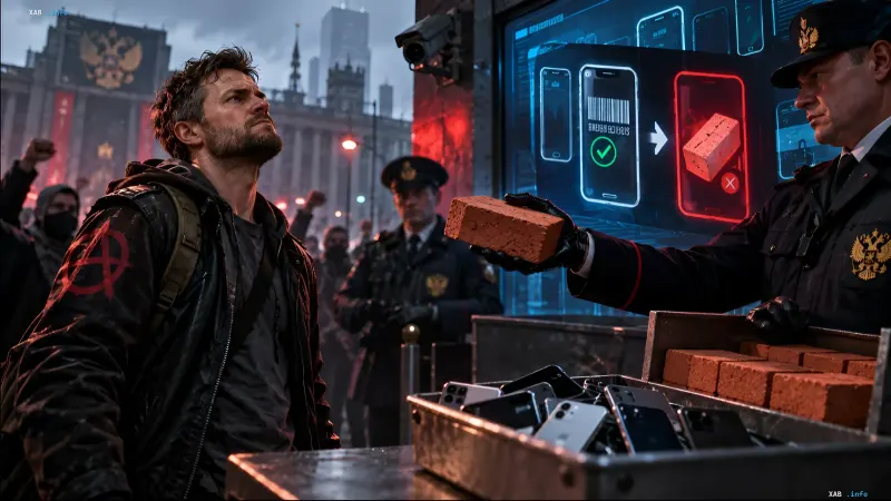A man in a jacket with an anarchist symbol looks at a police officer in front of a digital screen and a box with bricks and smartphones