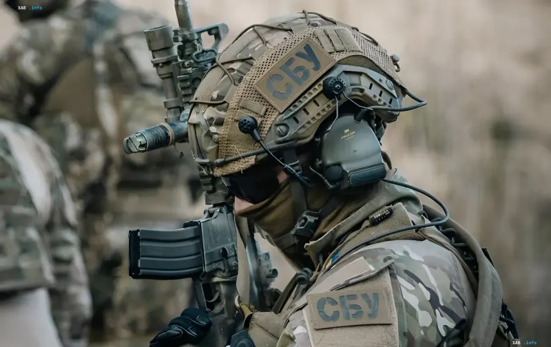 SBU Alpha special forces operative in full tactical gear with helmet and rifle
