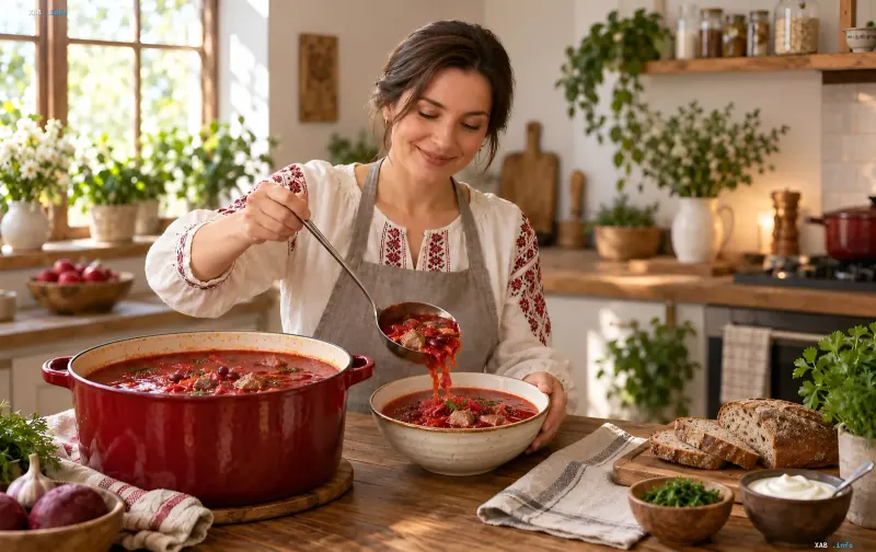 A woman in a traditional embroidered blouse is ladling homemade borscht with meat and beans from a red pot into a clay bowl in a cozy kitchen.