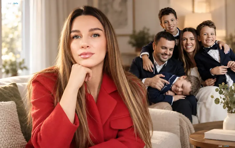 A beautiful woman in the foreground and a happy large family in a cozy living room
