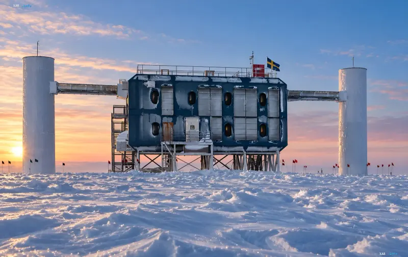 Antarctic scientific station IceCube in a snowy desert under the sunset sky