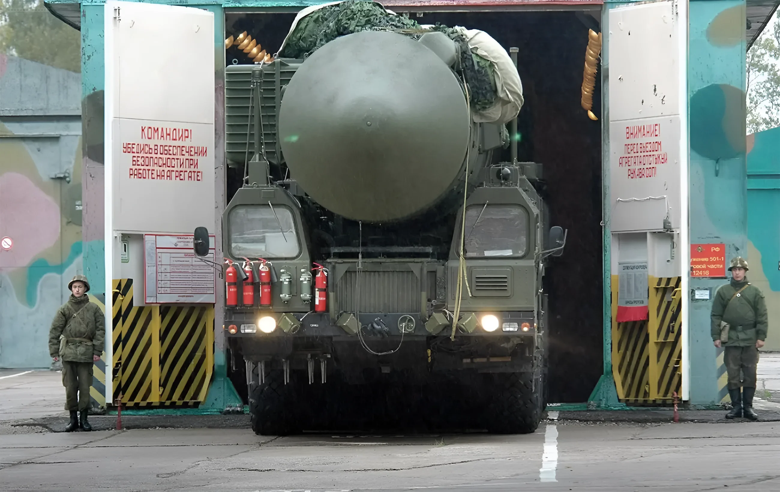 RS-26 'Rubezh' ('Oreshnik') missile in a transport and launch container, ready to be moved from the range