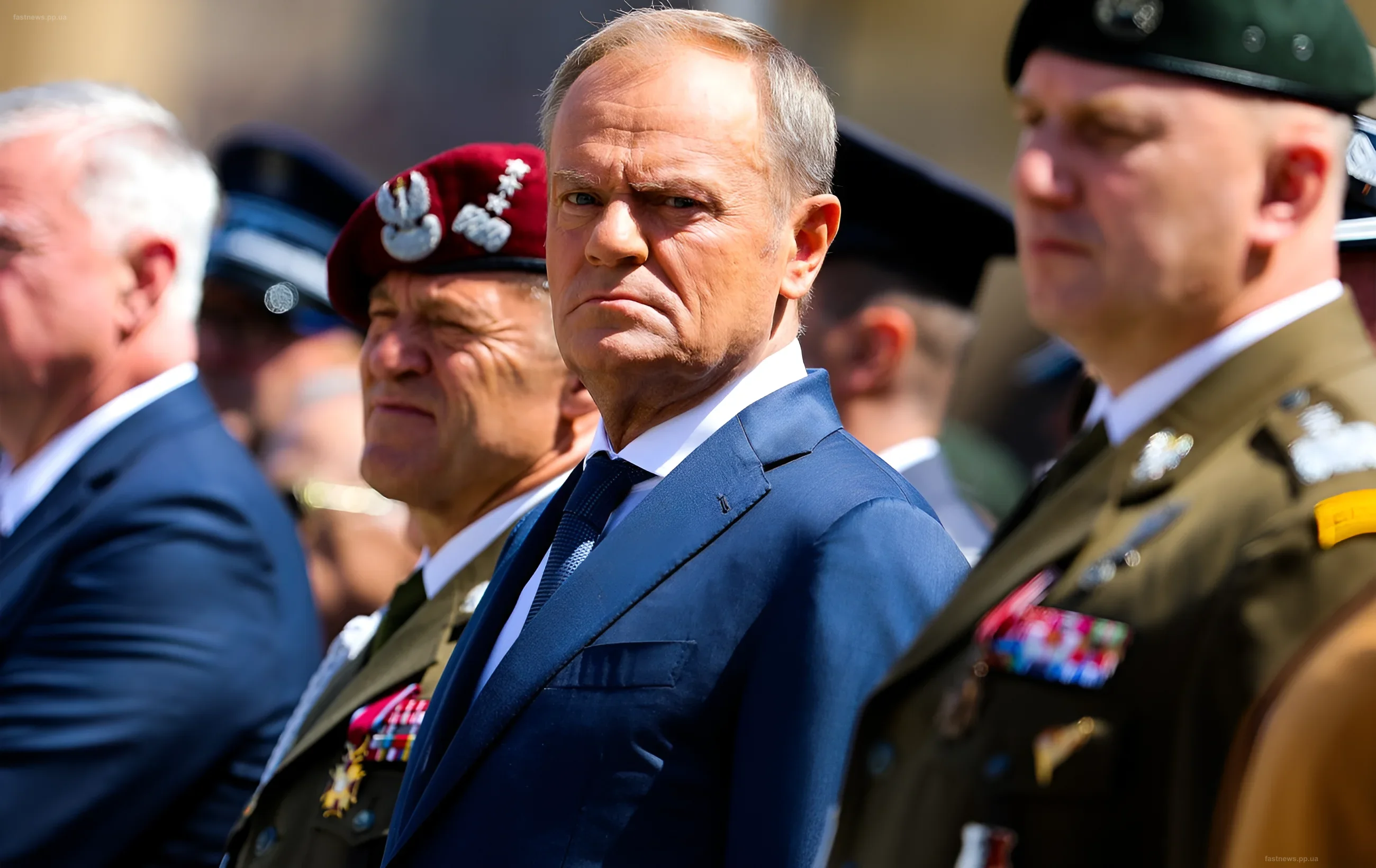 Polish Prime Minister Donald Tusk in the background of military personnel, discussing security issues and the new defense alliance with the United Kingdom