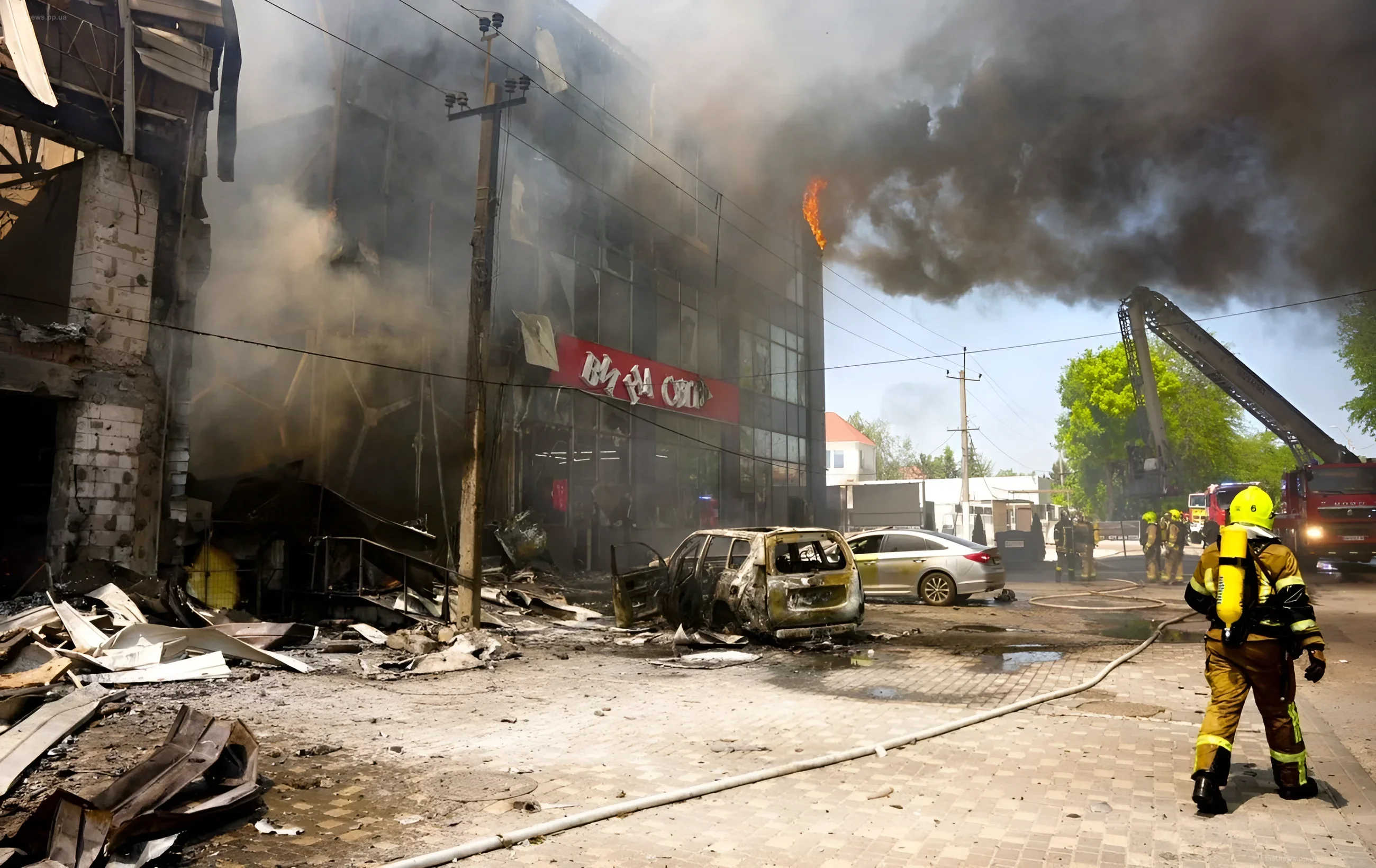 Firefighters extinguishing a major fire in a shopping center, thick black smoke rising into the sky, building and cars burning