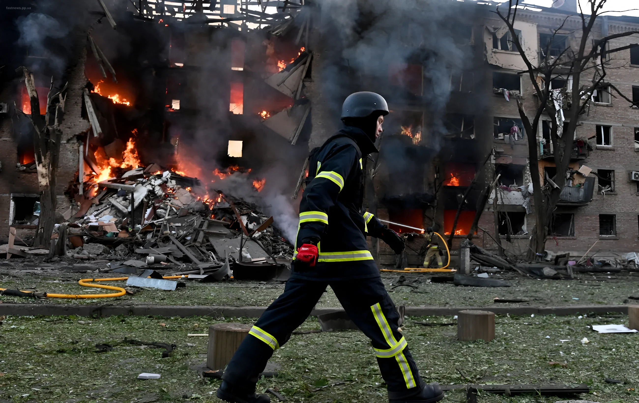 Firefighters extinguish a burning house after a massive attack on Kyiv